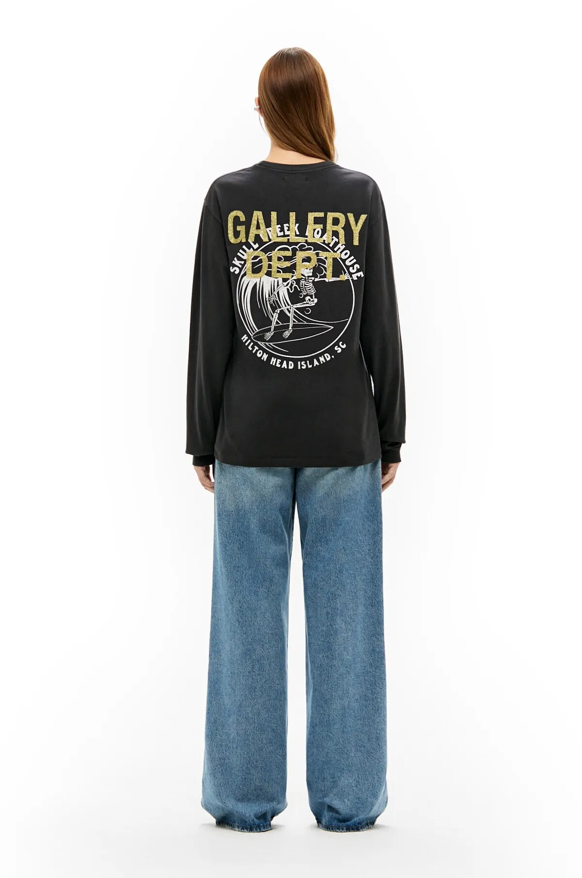 GALLERY DEPT. SKULL CREEK L/S TEE/BLK Glitter skull surf long sleeves, washed black S-XL, genuine development, correct version, garment dyed, washed and distressed, printing has a full sense of distress
